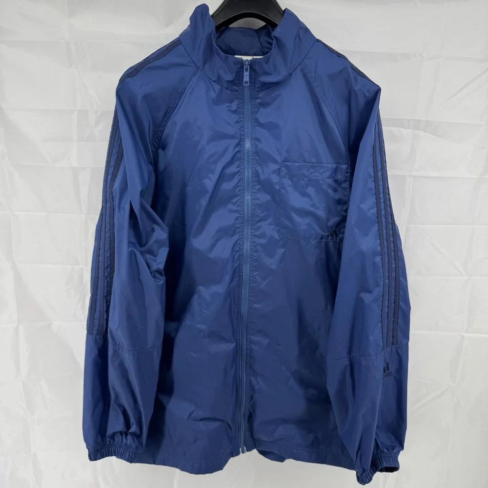 Adidas Windbreaker Jacket Mens Large Blue Full Zip Packable Hood‎ Mesh Lined